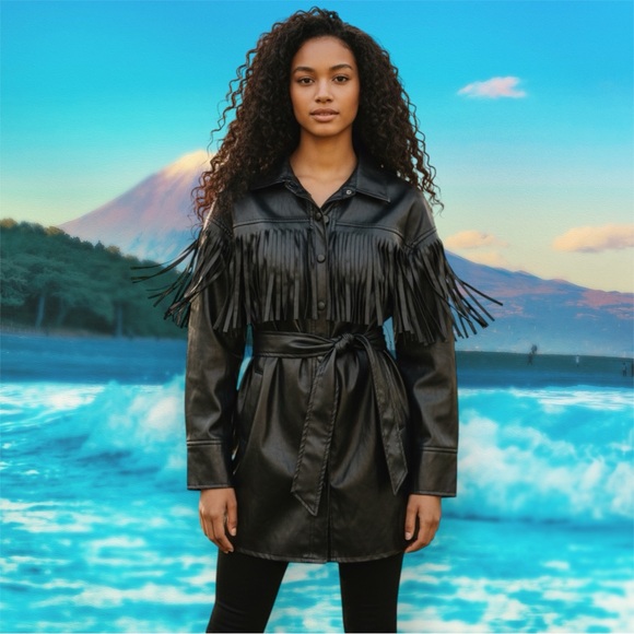 Vintage style SHEIN Black Faux Leather Fringe Belted Jacket - Picture 12 of 16